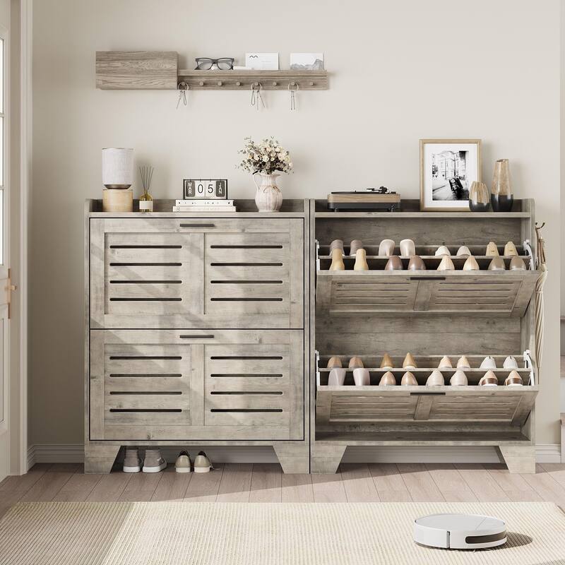 Slim Entryway Shoe Cabinet, 2 Flip-Drawer Organizer with Adjustable Shelves
