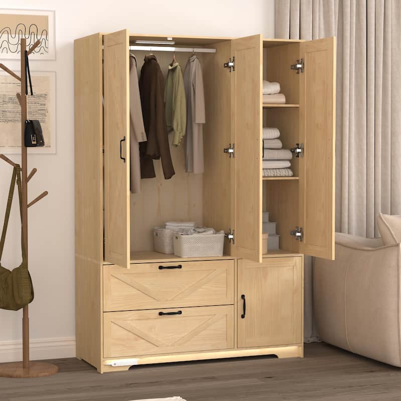 4-Door Wooden Wardrobe Closet with Mirror, LED Lights, 2 Drawers, Hanging Rod & Adjustable Shelves