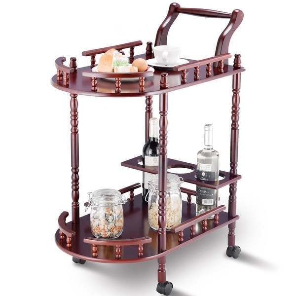 Gymax Kitchen Serving Bar Cart Trolley Wood 2 Tier Rolling Wine Rack Stand Cherry