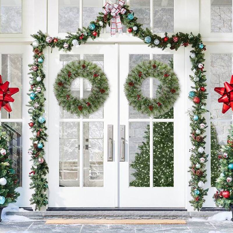 2 Pack 24in Pre-lit Christmas Wreath, Lighted Artificial Xmas Wreath with Red Berries Pine Cones, for Party Decorations - Green - 24in