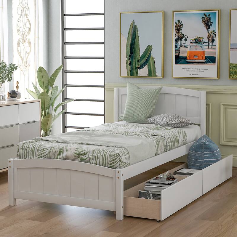 Merax Twin Size Platform Bed with 2 Storage Drawers - White