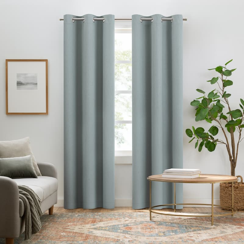 Eclipse Pembroke 100% Blackout Curtains, Faux Linen Grommet Window Curtains (2 Panels) - 84x42 - Stormy Blue