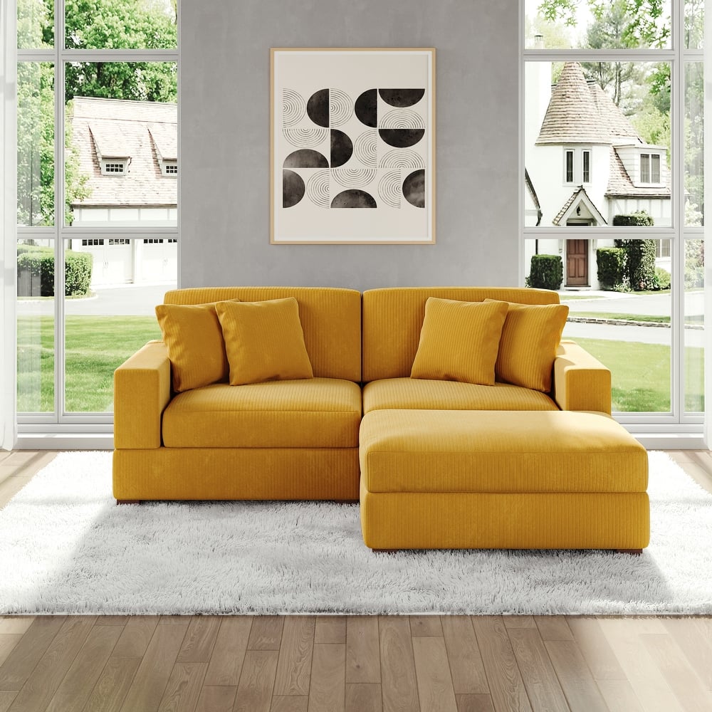 Modular Corduroy Sectional Sofa Set Chaise Couch with Ottoman