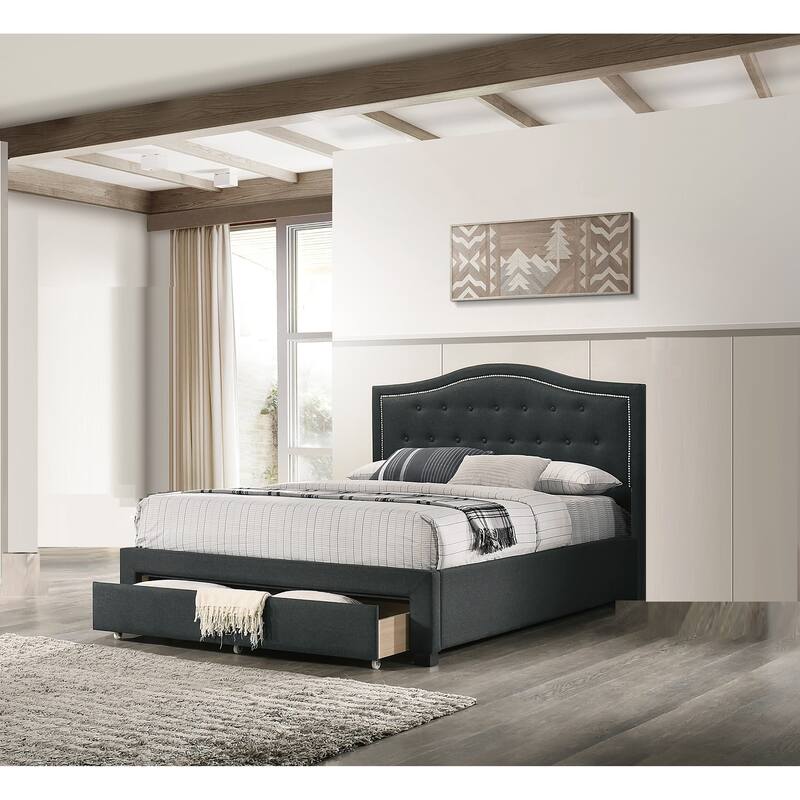 Modern Style 1pc Bed Set Nialhead Trim Button Tufted Headboard Charcola Abd Black Finish Bedroom Furniture