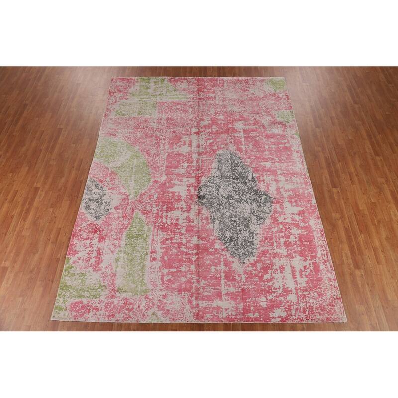 Contemporary Abstract Indian Area Rug Hand-Knotted Wool Carpet - 9'10"x 11'11"