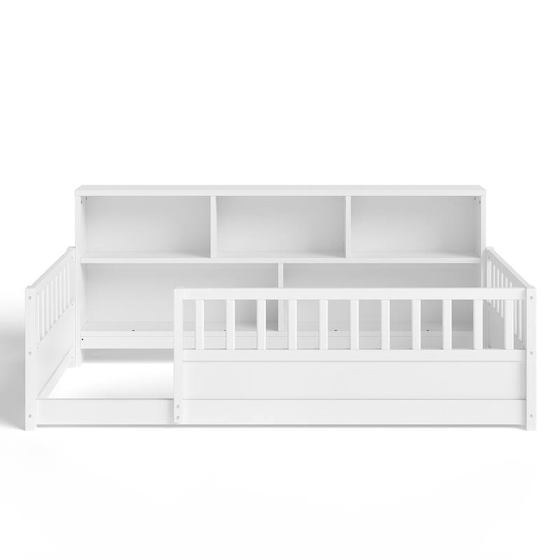Wooden Floor Bed Frame with Fence Guardrail & Side Storage, Low Profile Kids Bed (Full/Twin)