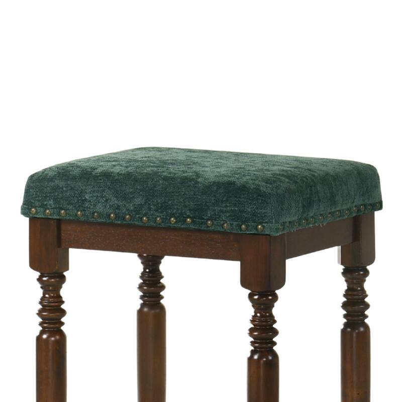 Rustic Wooden Counter Stool With Padded Seat Set Of 2-26 Inch Walnut Barstool With Nailhead Trim,Distressed Finish & Turned Legs