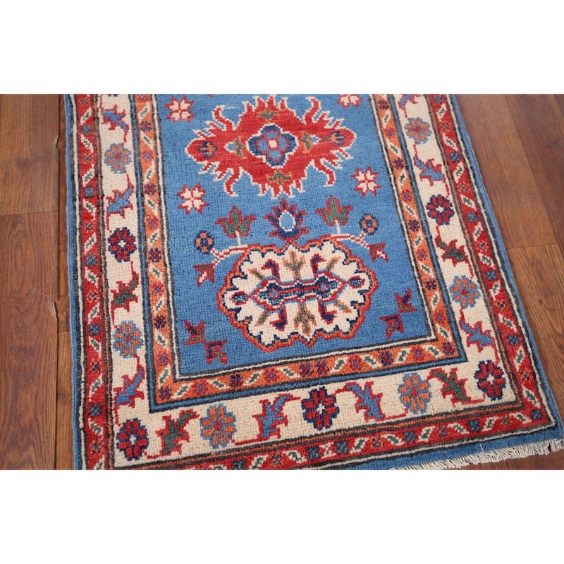 Geometric Blue Kazak Accent Rug Handmade Wool Carpet - 2'0" x 3'1"