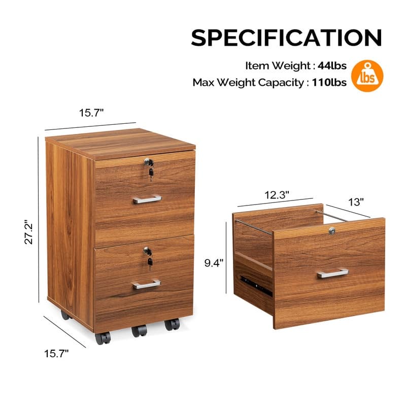 2 Drawer Wood File Cabinet, Lock Mobile Cabinet
