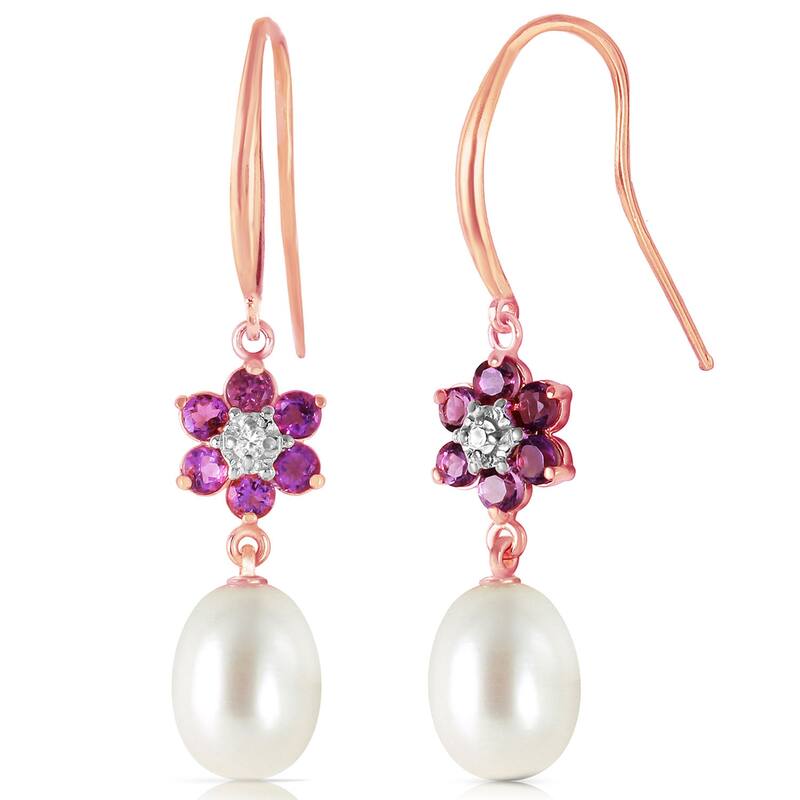 14K Solid Gold Fish Hook Earrings w/ Diamonds, Amethysts & Pearls - Rose