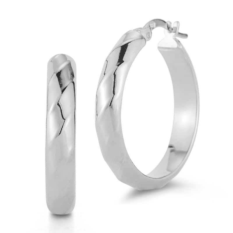 Soleil Sterling Silver Reflective Twist Medium Hoop Earrings - White