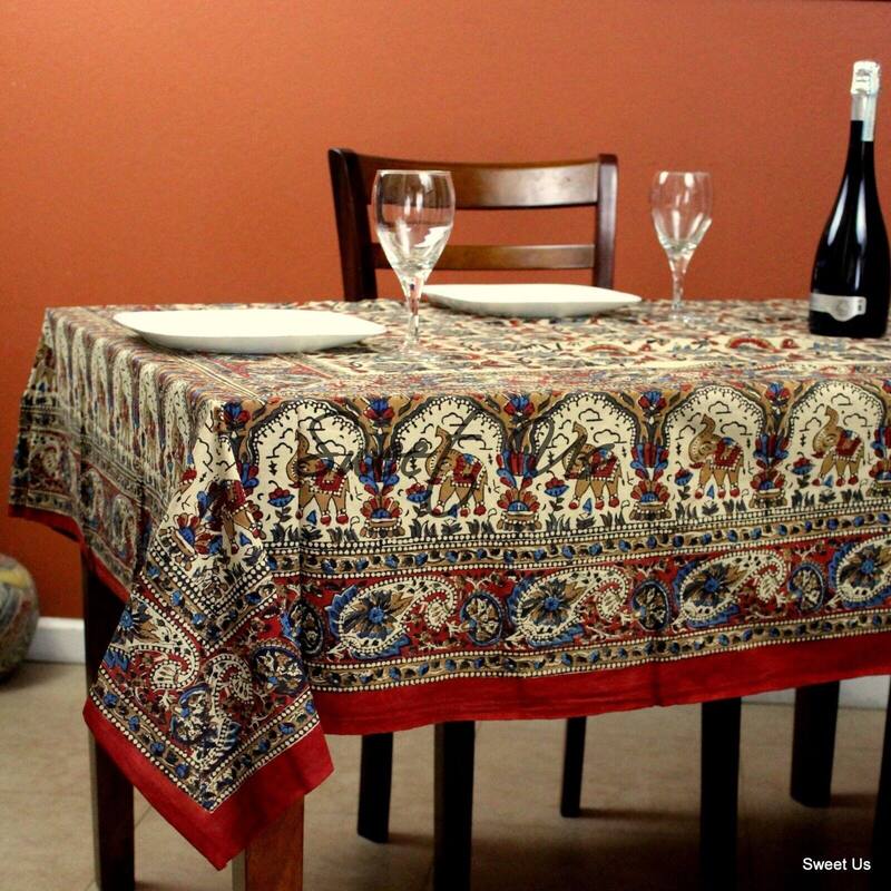 Block Print Floral Paisley Elephant Tablecloth Rectangle - 70 x 102 in - Gold Red
