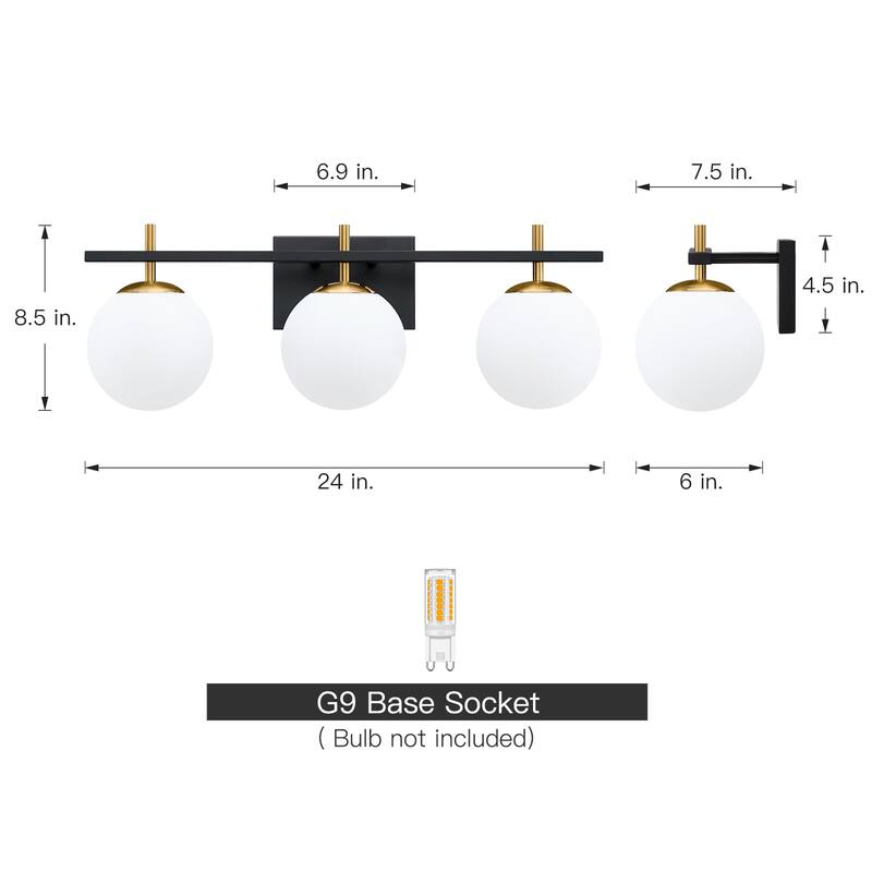 3-Light Black Vanity Light with Globe Shades - 24'' W