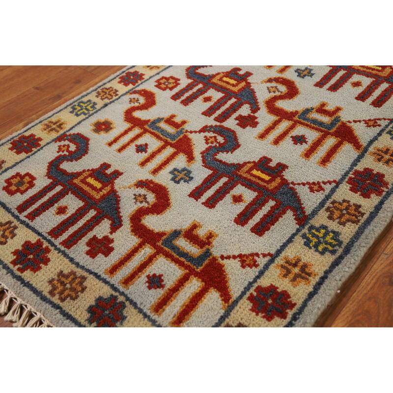 Hand Knotted Oriental 100% Wool Carpet Traditional Tribal Greys & Charcoal Art Deco Area Rug - 3' 0'' X 2' 0''