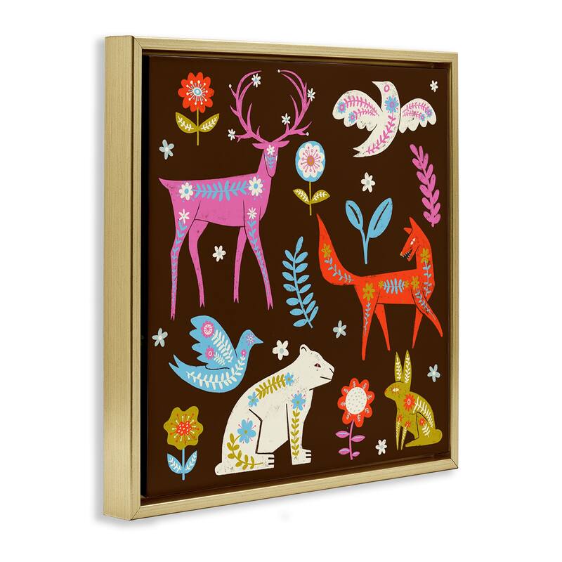 Stupell Forest Folk Animals with Florals Framed Floater Canvas Wall Art Design By Hannah Moren