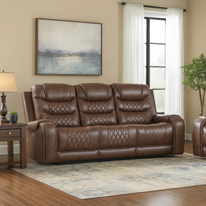Paul 87 Inch Power Recliner Sofa, Drop Table Cupholders Brown Faux Leather
