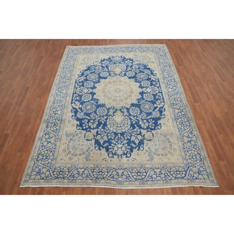 Hand Knotted Oriental 100% Wool Carpet Traditional Floral Navy Blue & Blues Kerman Area Rug - 10' 2'' X 7' 5''