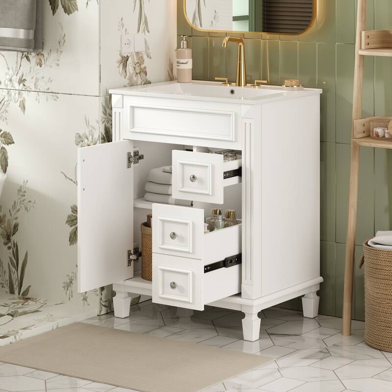 24" Bathroom Vanity with Ceramic Sink Bathroom Storage Cabinet with 2 Drawers and Adjustable Shelf