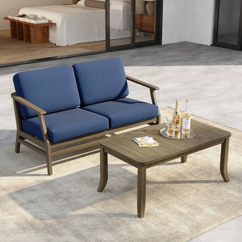 Outdoor Loveseat Sofa with Coffee Table Teak Wood Patio Furniture