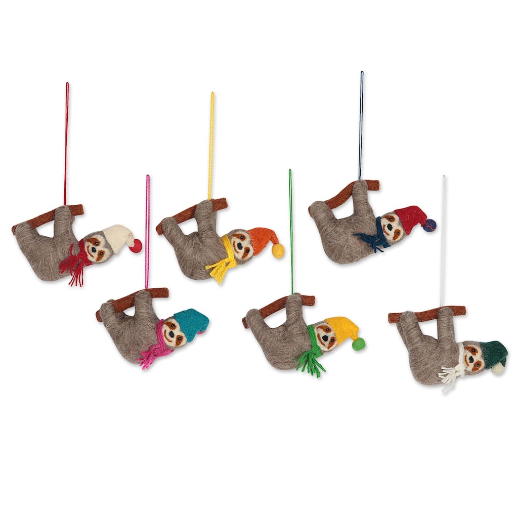 Novica Handmade Sweet Sloths Wool Holiday Ornaments (Set Of 6)