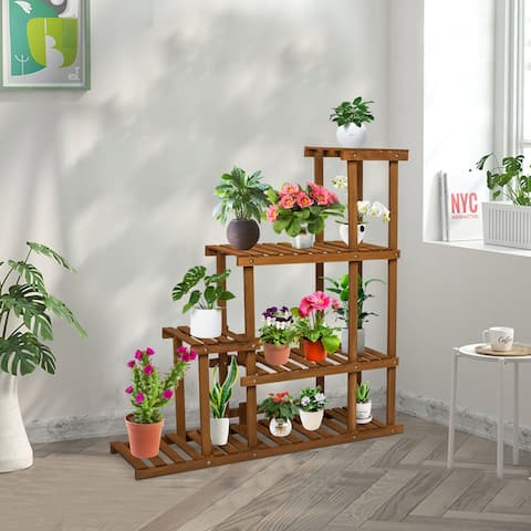 Kinbor Wooden Flower Stands 4-layer Plant Display Shelf Storage Rack Pot Holder Free Standing Balcony Patio Outdoor Indoor