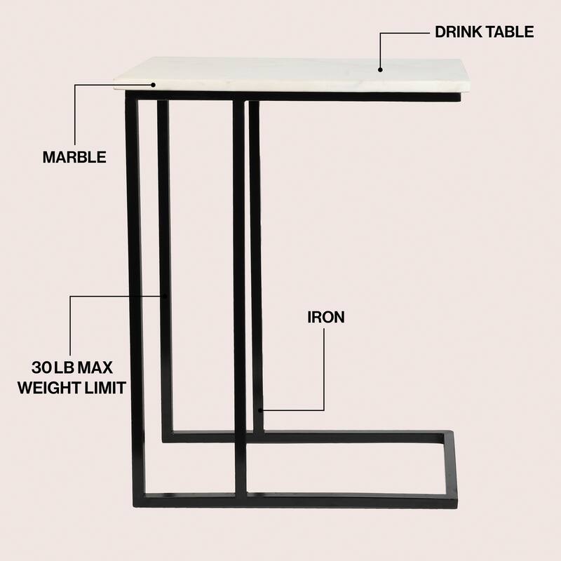 Caius 24.25" Industrial Metal C-Shaped End & Side Table w/ White Marble Top, By JONATHAN Y