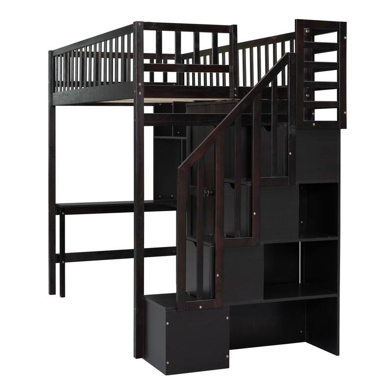 Twin Loft Bed with Bookshelf, Drawers, Desk, and Wardrobe in Espresso