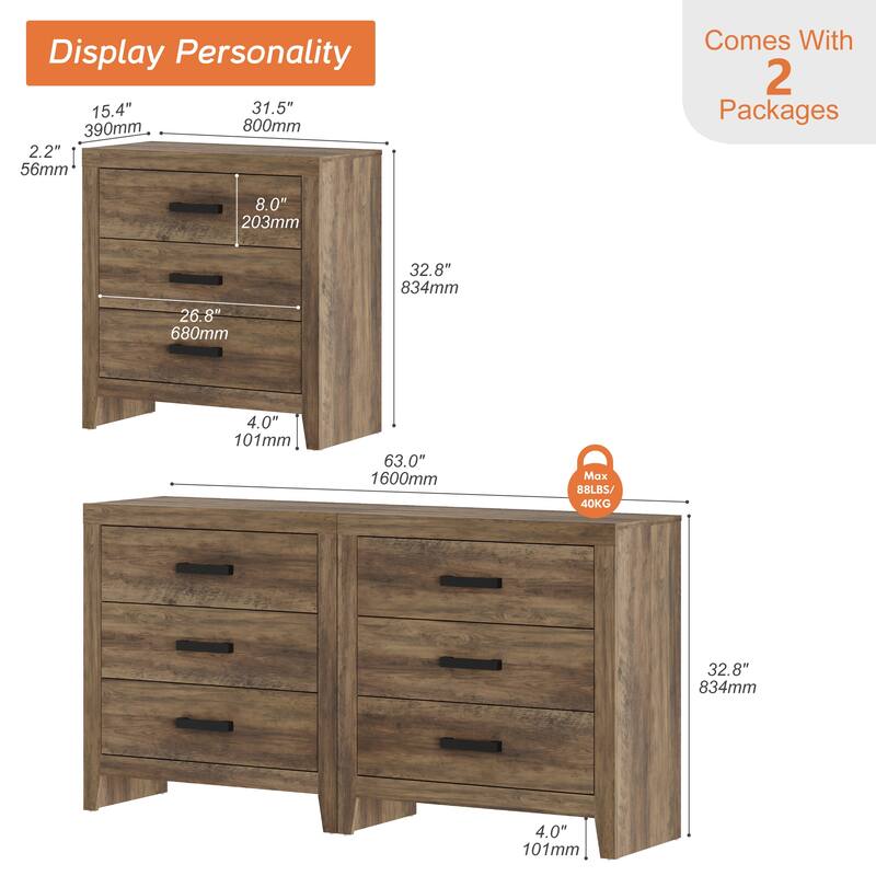 WAMPAT Farmhouse Nightstand with 3 Drawers, Large Wood Bedside Table