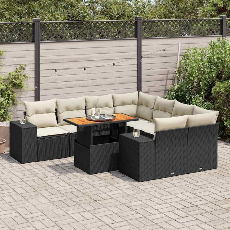 vidaXL Patio Sofa Set with Cushions Outdoor Table and Sofas 9 Piece Poly Rattan - 21.7 x 39.4 x 28.7 - Black and cream with storage