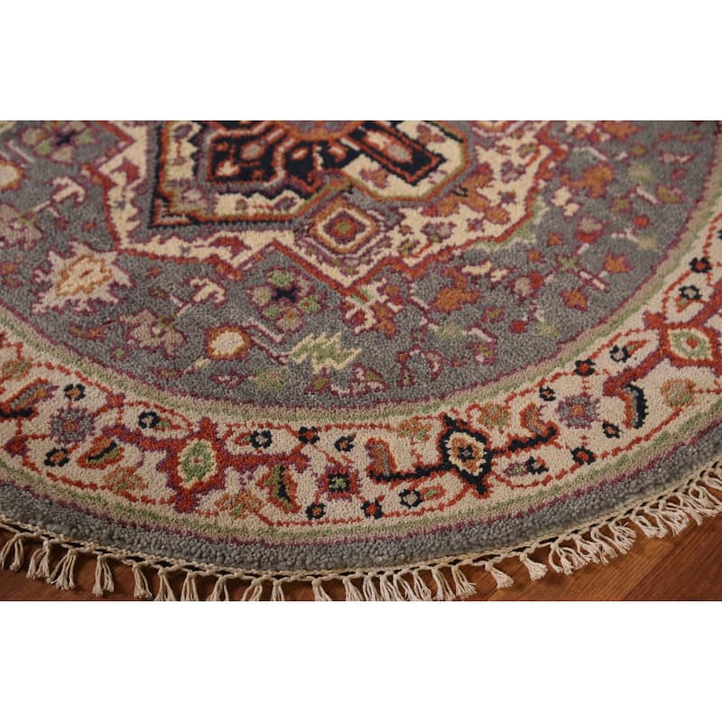 Medallion Heriz Serapi Indian Round Rug Handmade Wool Carpet - 3'10" x 3'10" - Grey - 3'10" x 3'10"