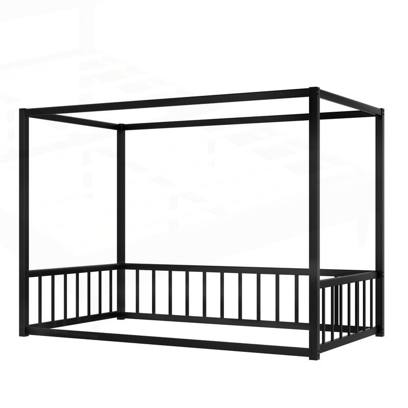 Modern Iron Double-Size Floor Bed with Multi-Functional Guardrails and Stable Structure