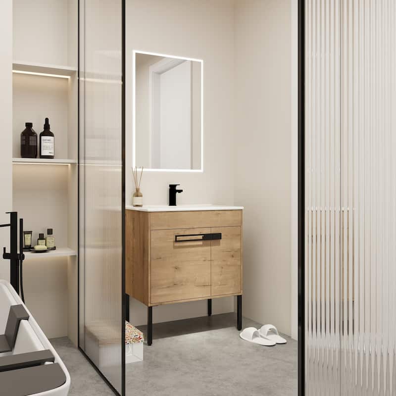 30 inch Plywood Freestanding/Wall Mounted Bathroom Vanity Set with Doors and Shelf and Integrated Ceramic Sink