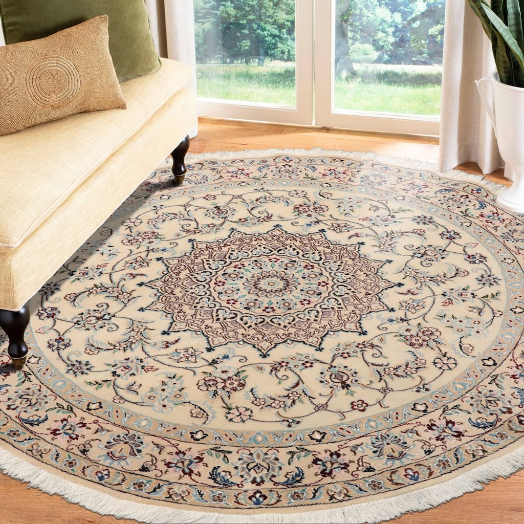 5x5 Round Hand Knotted 250 KPSI Wool Ivory Nain Traditional Rug - 5' x 5' -Round