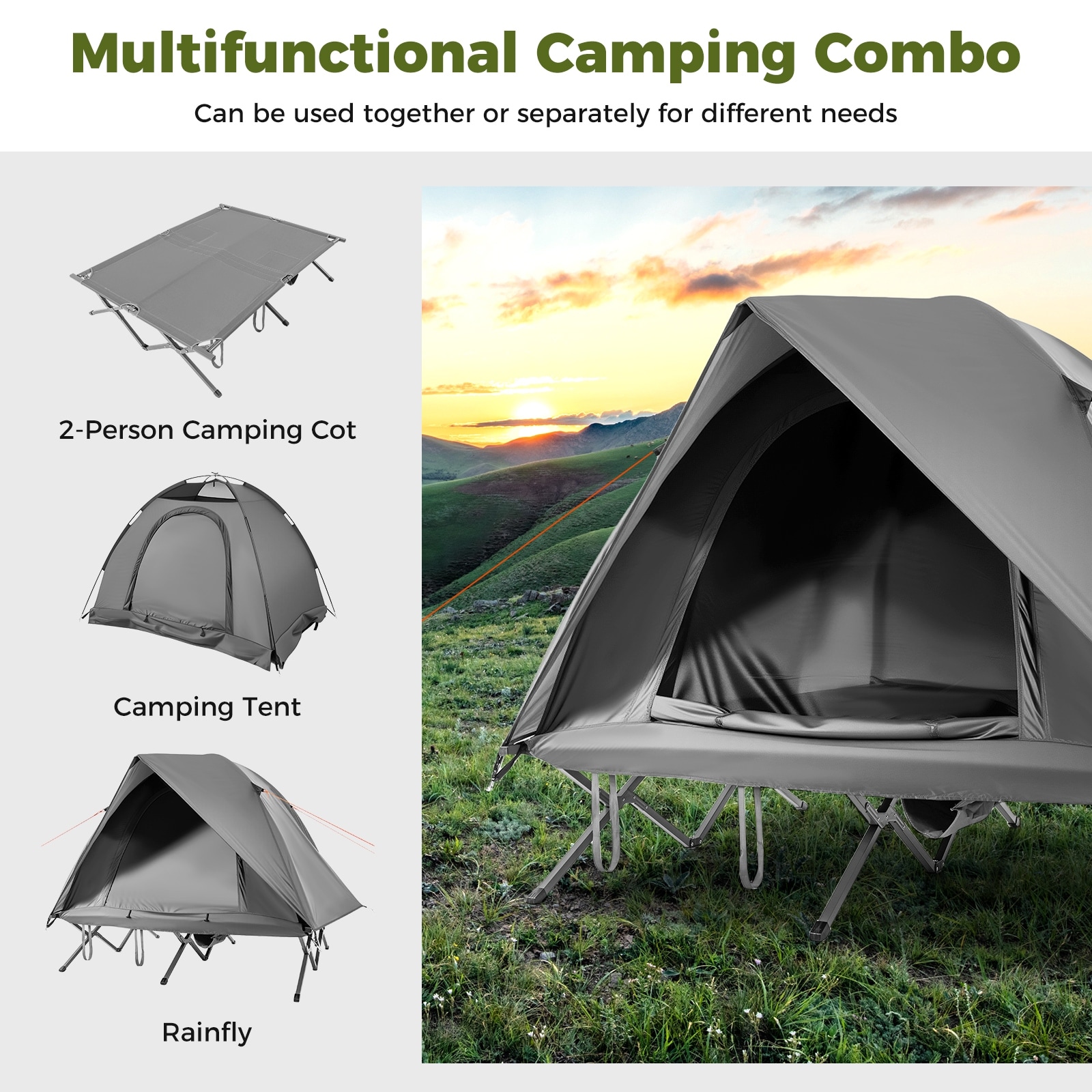 Grey Oxford Cloth Metal Elevated Camping Cot Tent for 2 Persons