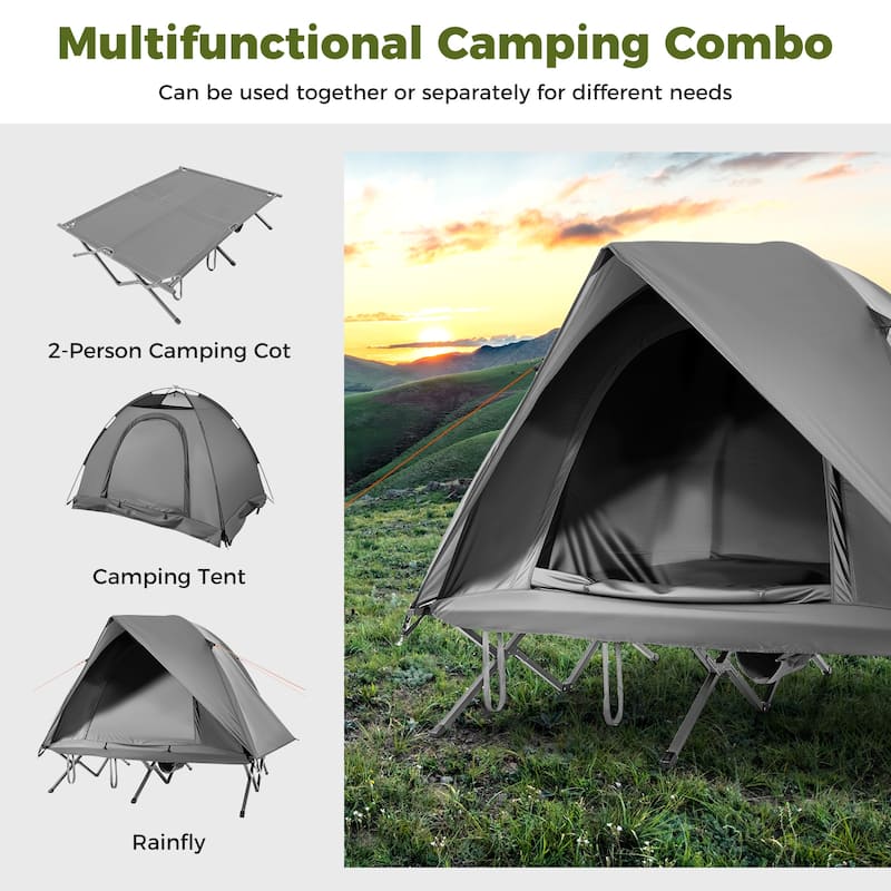 Grey Oxford Cloth Metal Elevated Camping Cot Tent for 2 Persons with Wheeled Bag - 77" x 71" x 59"