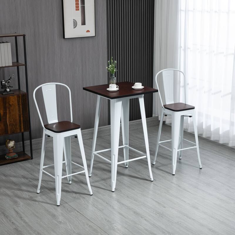 Small Space 3-Piece Bar Table Chair Set with Brown Wood Tabletop and White Steel Frame - 23.5" W x 23.5" D x 41.25" H