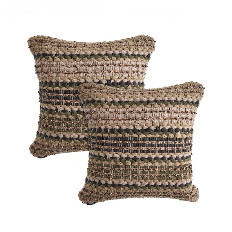 HomeRoots Set of Two 18" Brown and Dark Green Striped Cotton Blend Throw Pillows with Texture