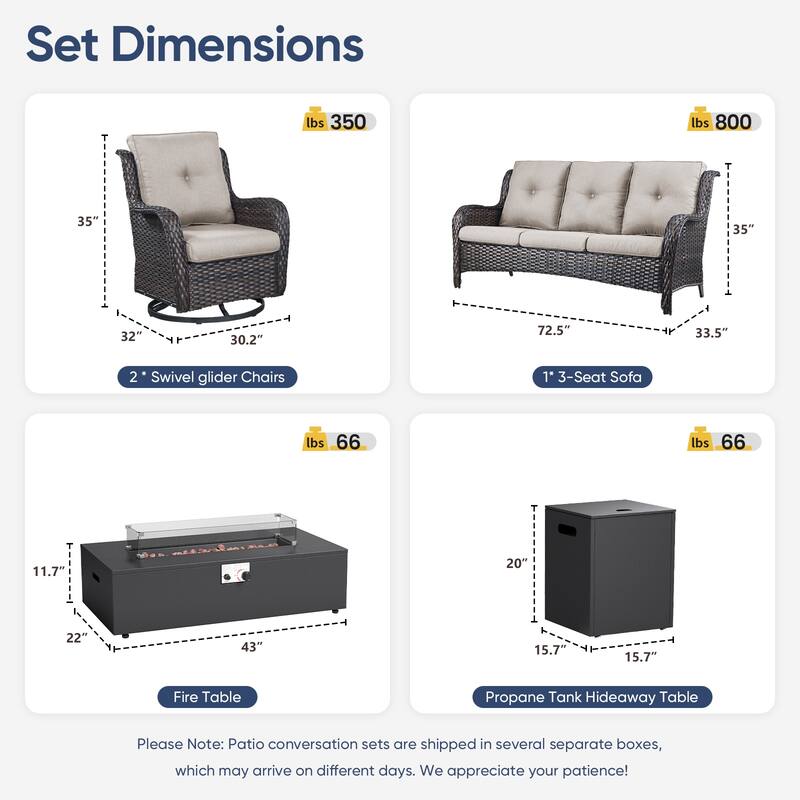 Pocassy Outdoor 5 Pieces Sofa Swivel Chair with Fire Pit Table