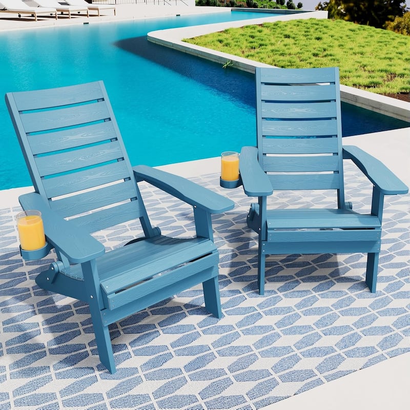 WINSOON HIPS Folding Adirondack Chairs with Arc Back & Cup Holder Set Of 2 - Blue