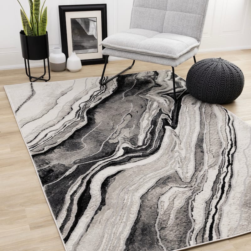 Legend Grey Black White Marble Patterned Area Rug, 5'3" x 7'7"
