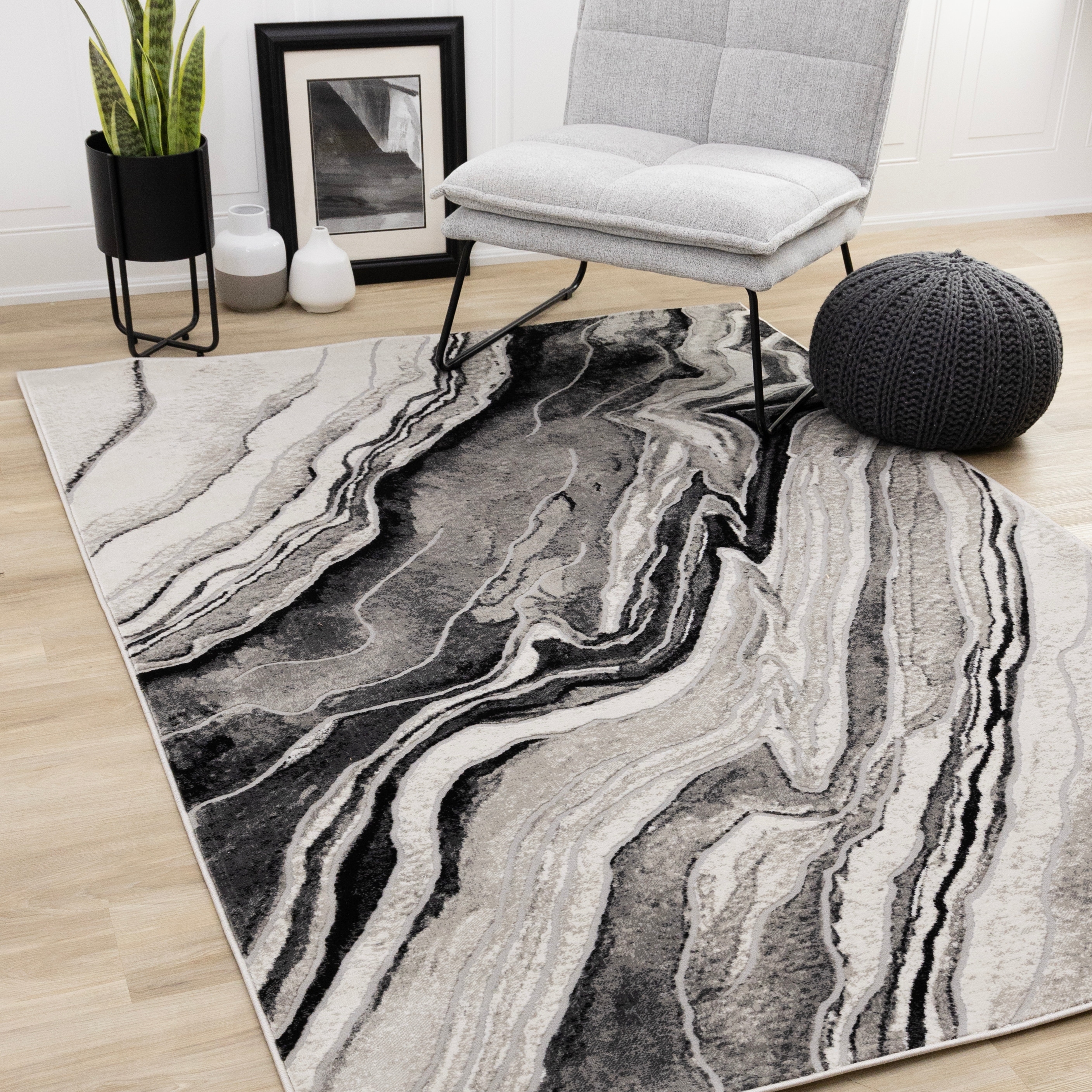 Legend Grey Black White Marble Patterned Area Rug