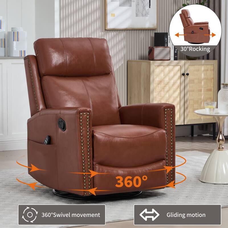 Roomfitters Genuine Leather Swivel Rocker Recliner, Manual Massage Glider with Heat and Top Grain Cowhide, Living Room