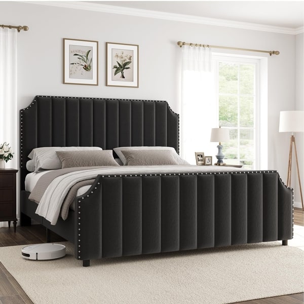 slide 2 of 30, Platform Bed Frame with 50.2" Headboard, Velvet Upholstered Bed Frame Black_King - King