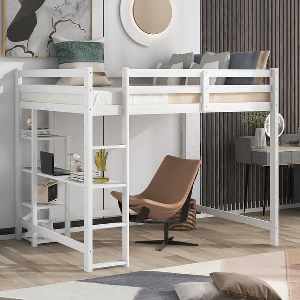 slide 2 of 18, Full Size Bedroom Loft Bed with Built-in Desk and Shelves Wooden support White