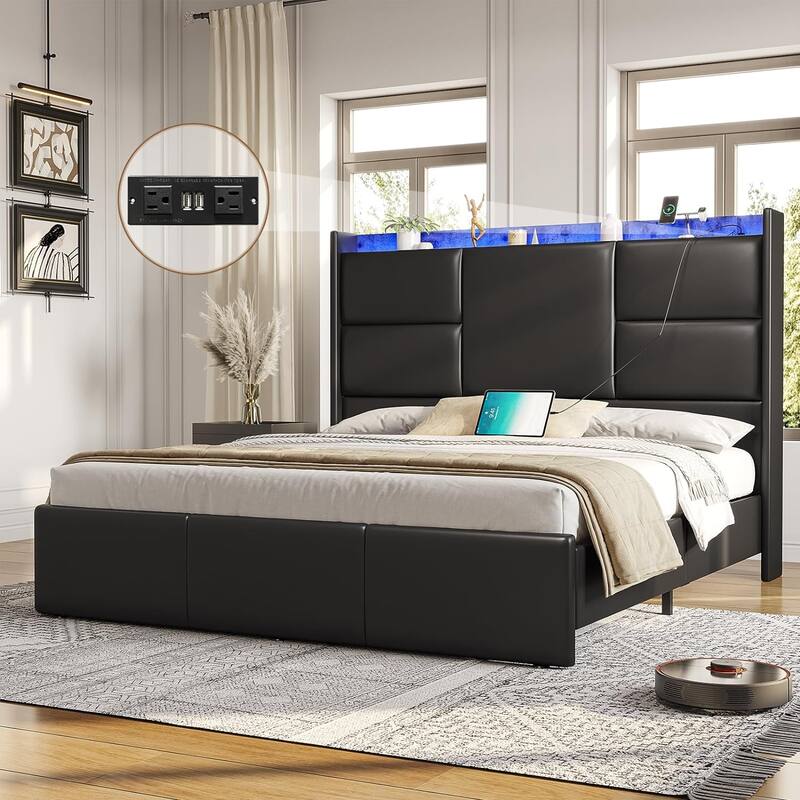 Bed Frame with Tall Stroage Headboard Platform Bed Frame - King