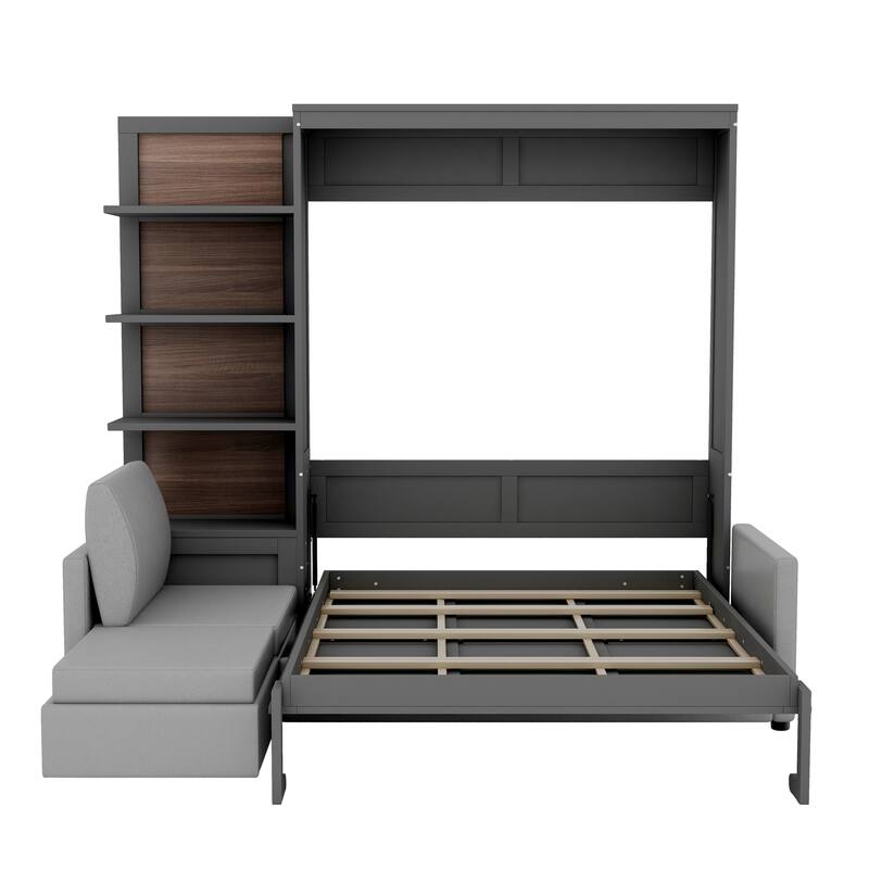 Roomfitters Queen Murphy Wall Bed with Sofa and Storage Shelves Foldable Frame