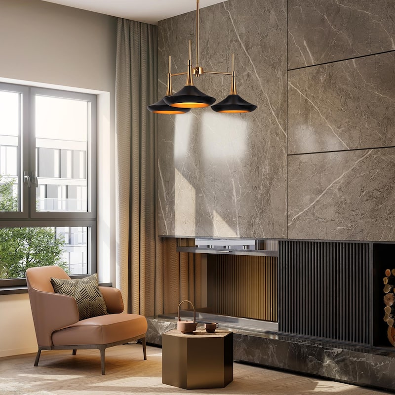 Conia Modern 3-Light Wheel Chandelier Black Gold Pendant Lights for Dining Room - 25.2" D x 11.8" H