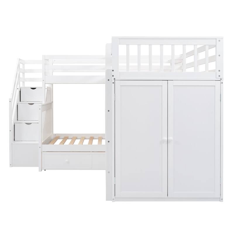 Twin-Twin over Full L-Shaped Bunk Bed With 3 Drawers, and Portable Desk and Wardrobe