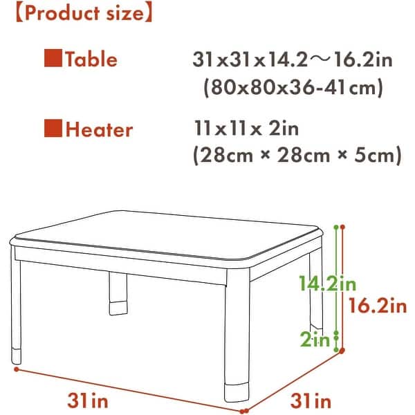 Japanese Heated Table 31x31in - Wooden Chabudai with Electric Heater ...