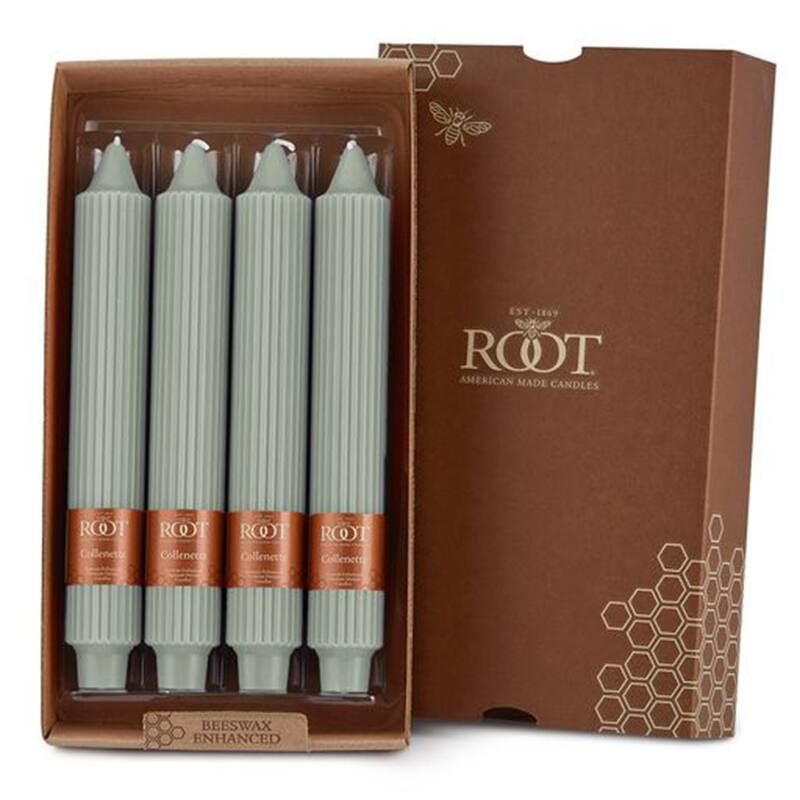 Root Unscented Grecian Collenette Taper Candles box of 4 - 9 X 1-1/4 - Sage Green